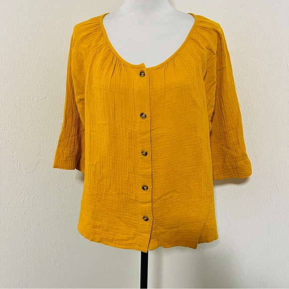 Madewell Women’s Large Gauze Button-Front Raglan Top Mustard Super Soft EUC - Picture 2 of 7